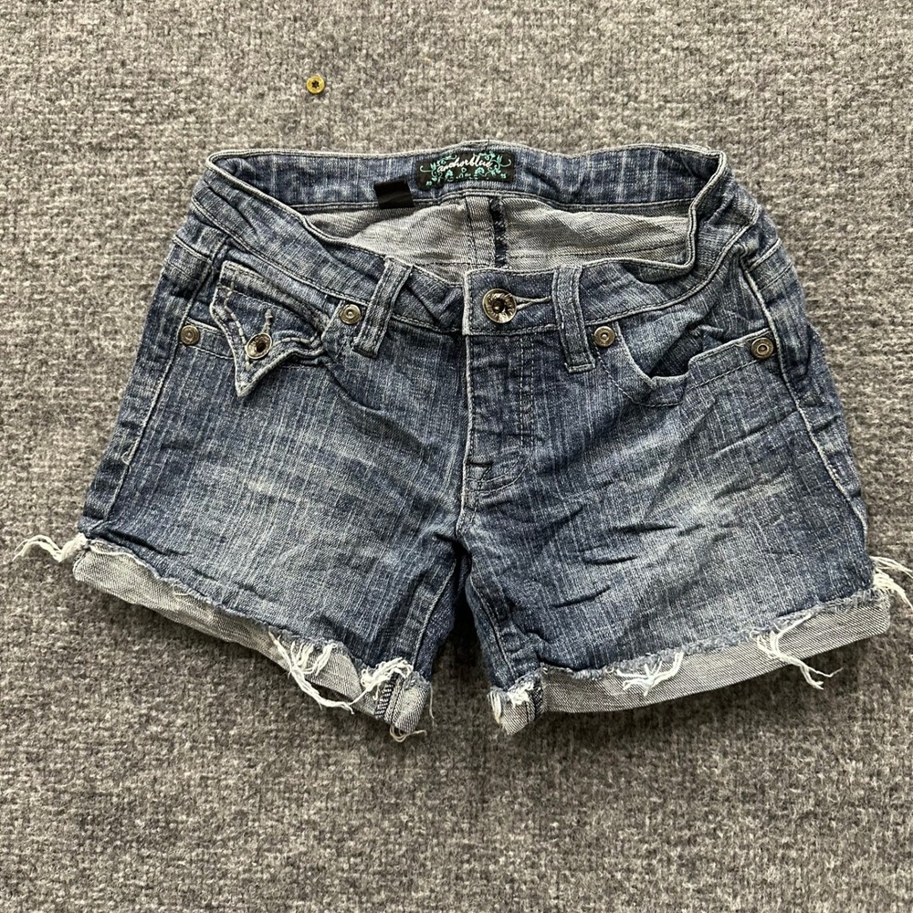 Anchor Blue Denim Shorts Womens Size 0 Blue Low Rise Frayed Hem Y2K Casual